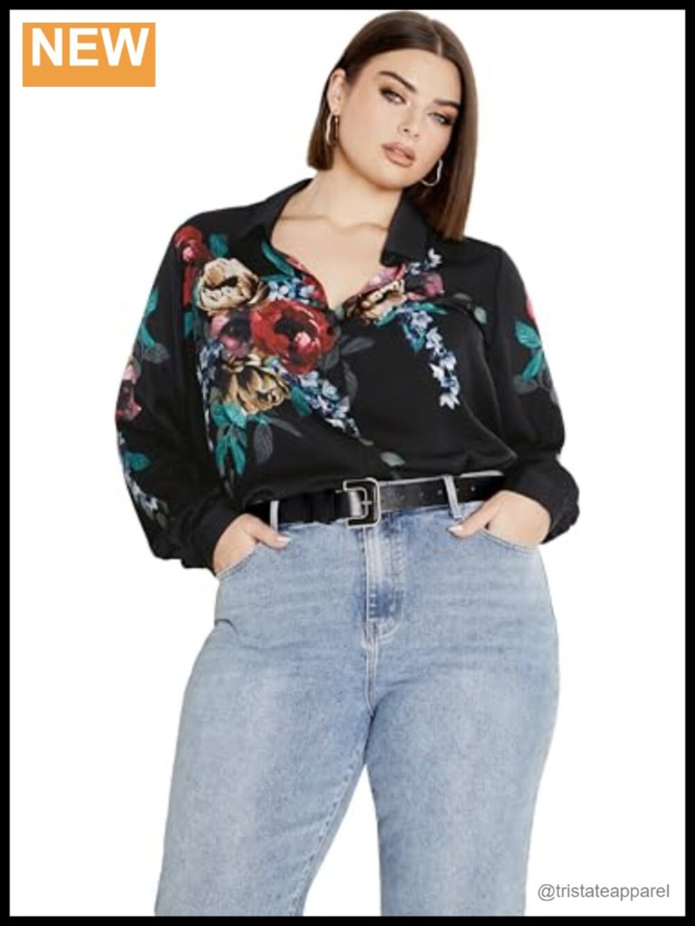 City Chic Plus Size Satin-Like Floral Button-Down Blouse with Collar, Long